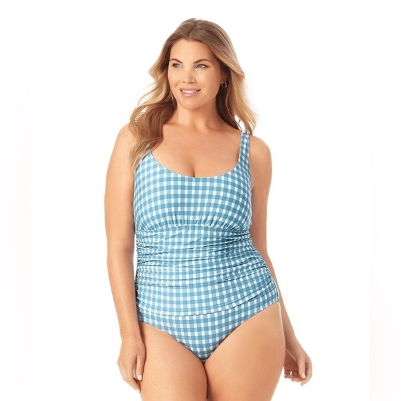 Anne Cole GINGHAM BLUE WHITE Plus Size Checked Shirred One-Piece Swimsuit 18W - Picture 1 of 8